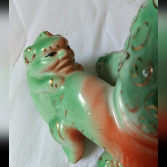 Rare Antique Female Hand-painted Orange & Green Chinese Feng Shui Foo Dog Lion - Picture 7 of 12